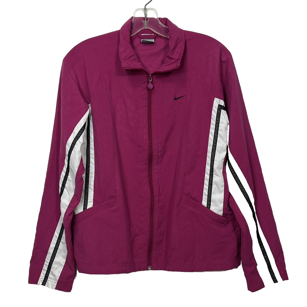 Nike Women's Track Jacket Full Zip Pink White Black Sportswear Athletic Size L‎